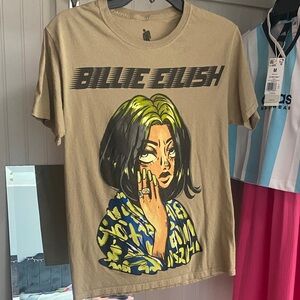 Billie Eilish Graphic Tee — Beige with Neon Green & Black Artwork
